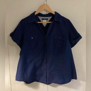 Karen Scott Navy Button Up Short Sleeve Cotton Shirt 1X